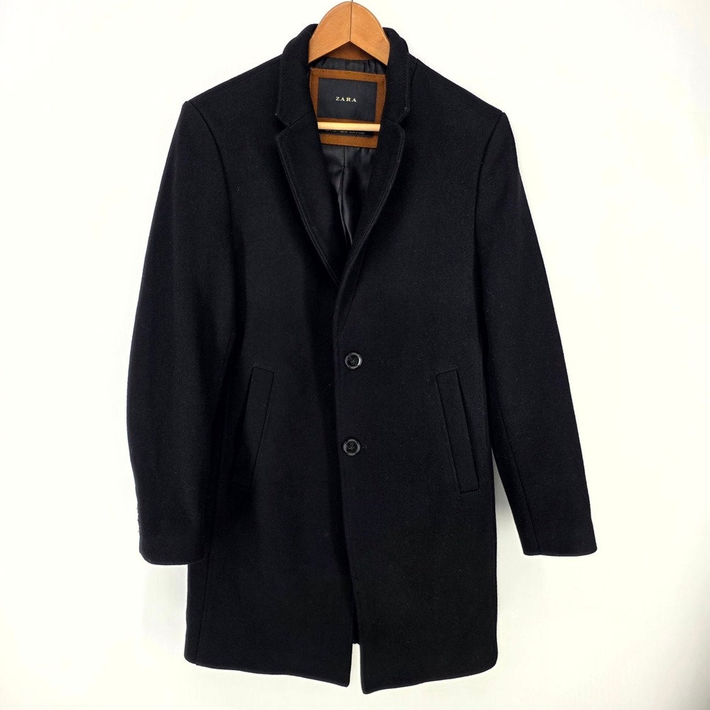 Zara Overcoat Mens S Black Wool Blend Notched Lapel Two Button Long Jacket 8323